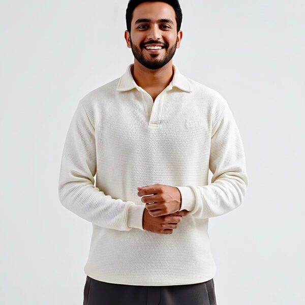 OFF WHITE WAFFLE KNIT FULL SLEEVE POLO